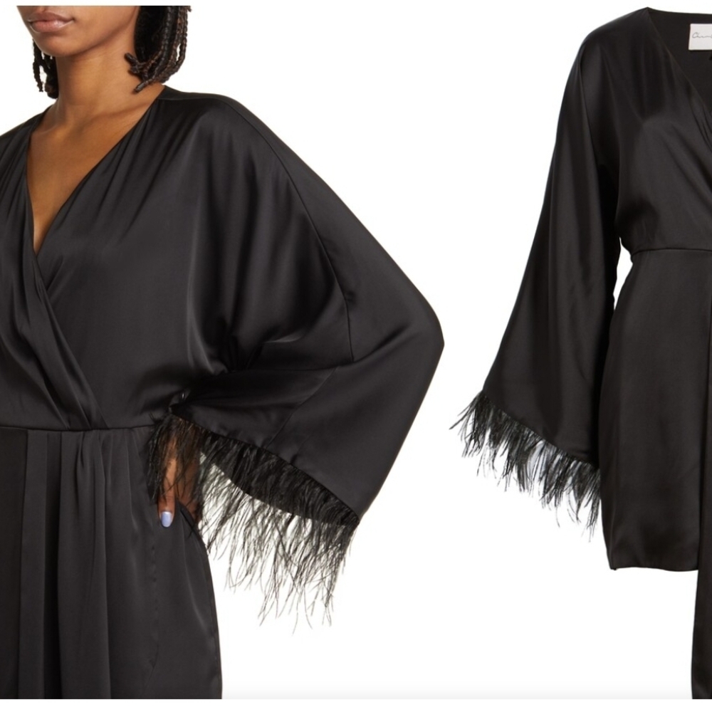 Charles Henry Black Asymmetrical Wrap Ostrich Feather Bell Sleeve Tunic Dress M View 3